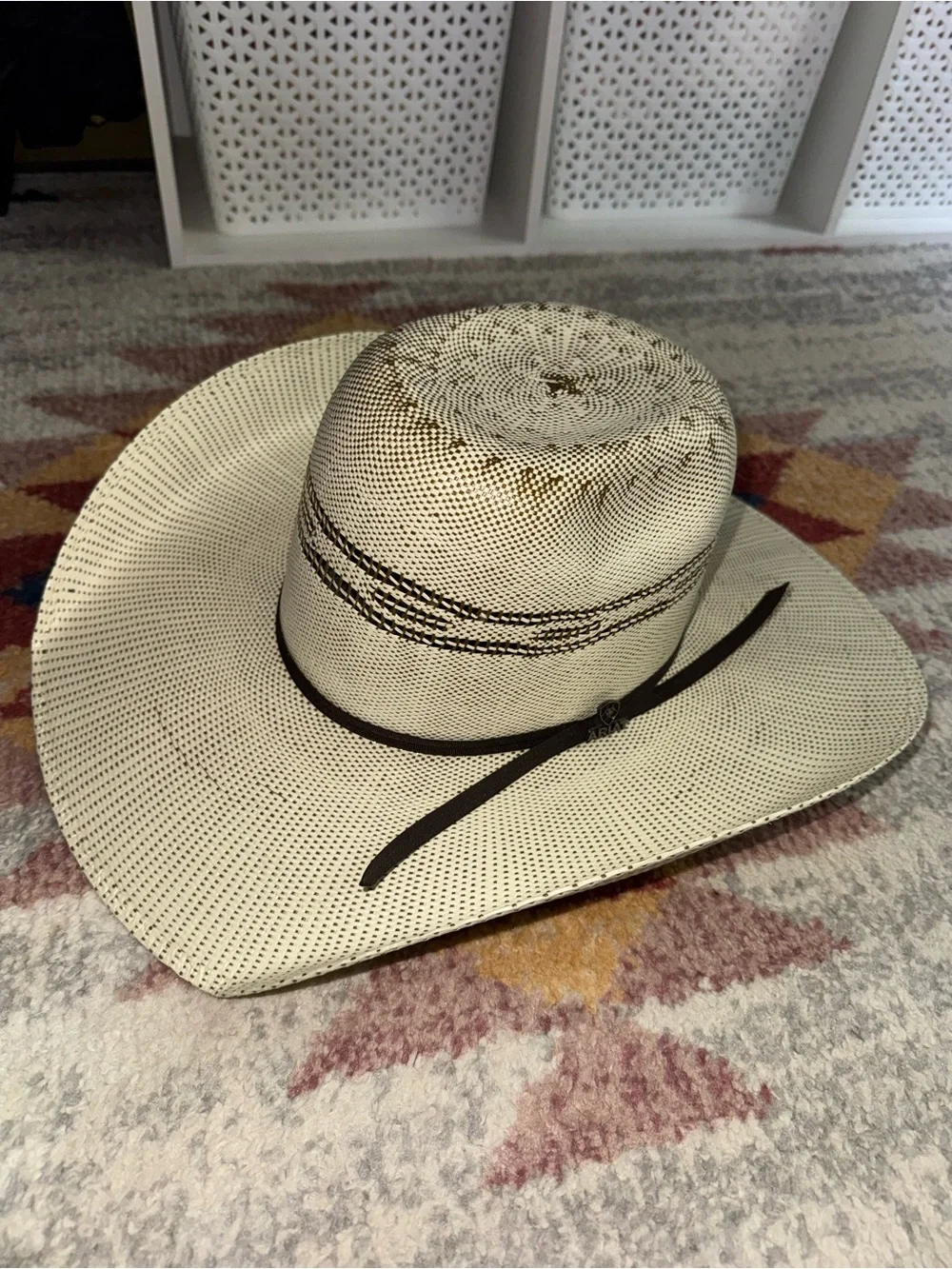 Ariat Cream Straw Hat with Brown Trim and Gold Logo